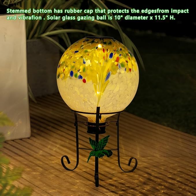 10" Diameter Solar Gazing Ball and 8.5" Metal Stand Indoor Outdoor Yard Art Ornament Coloful Spot Glass Globe Sphere Solar Gazing Balls for Garden,Lawn,Porch,Patio Birthday Gifts for Women,Mom