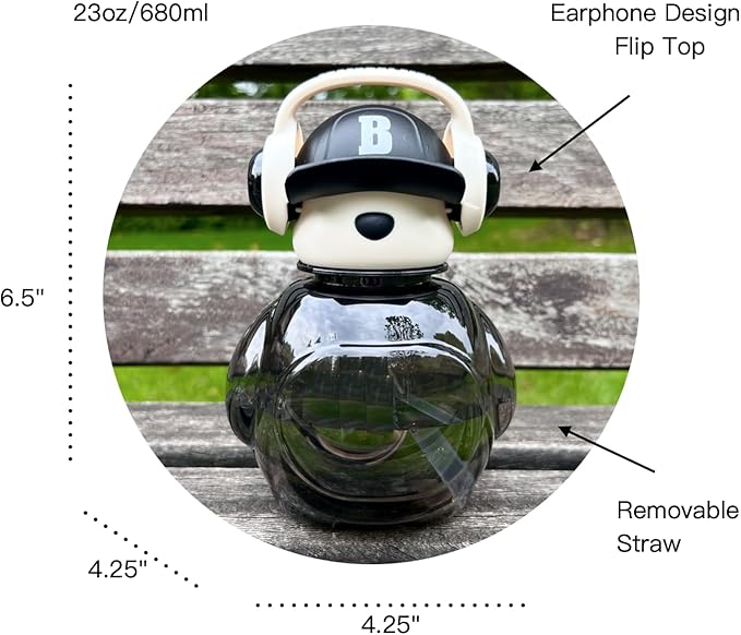 Black Leak-Proof Water Bottle with Flip Top Reusable Plastic Drinking Bottle for School, Gym and Workout (Bear with Earphone)