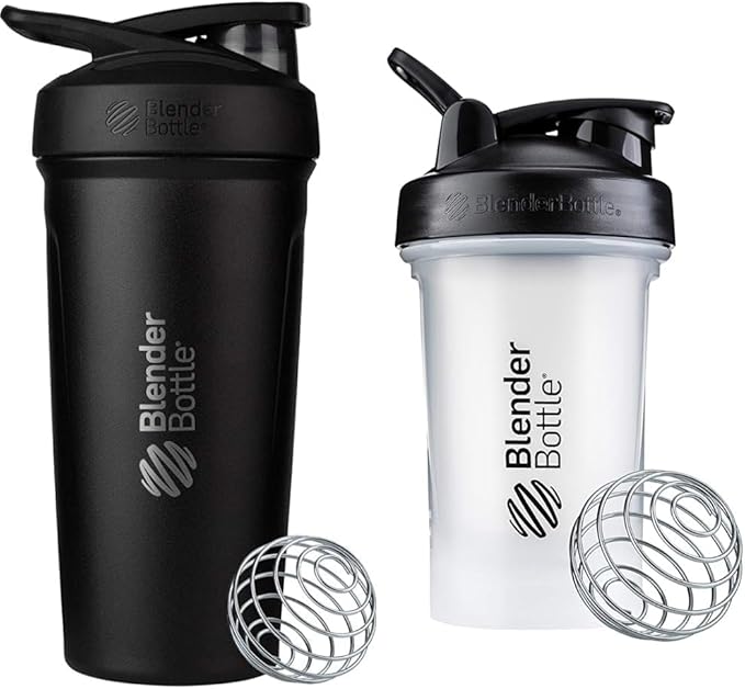 BlenderBottle Strada Shaker Cup Insulated Stainless Steel Water Bottle with Wire Whisk, 24-Ounce, Black & Classic V2 Shaker Bottle Perfect for Protein Shakes and Pre Workout, 20-Ounce, Clear/Black