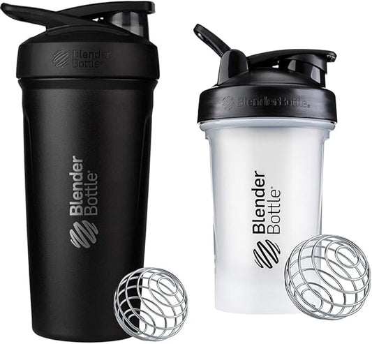 BlenderBottle Strada Shaker Cup Insulated Stainless Steel Water Bottle with Wire Whisk, 24-Ounce, Black & Classic V2 Shaker Bottle Perfect for Protein Shakes and Pre Workout, 20-Ounce, Clear/Black