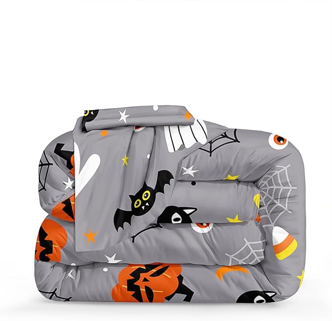 Bedbay Cartoon Pumpkin and Ghost Queen Comforter Set Halloween Cute Bedding Sets for Kids Boys Teen 4 Pcs Soft Lightweight Comforter Set with 1 Cushion Cover(Grey,Queen)