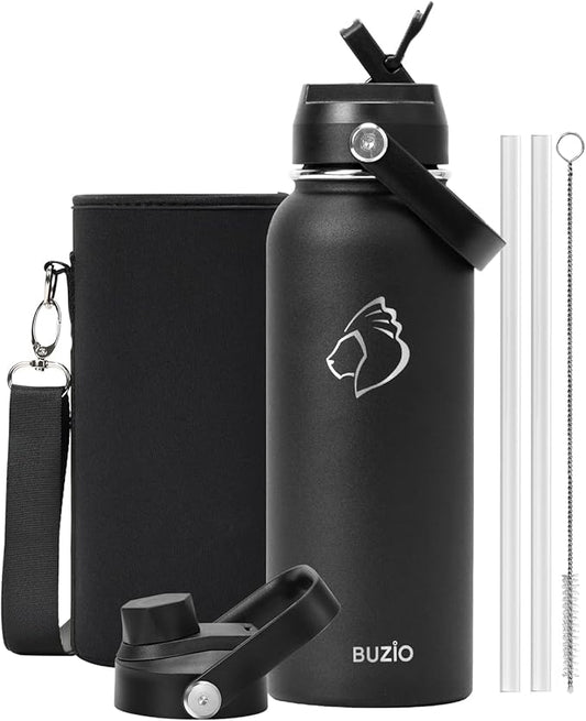 BUZIO 40oz Insulated Water Bottle, Stainless Steel Water Flask with Straw Lid and carrying pouch, Keep Cold 48h Leak Proof Double Wall Vacuum Travel Mug Metal Canteen for Gym Camp Beach, Black