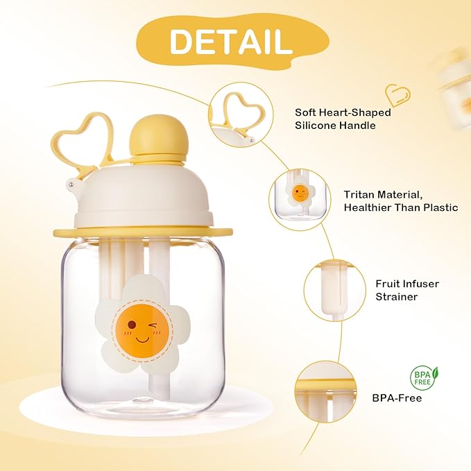 27oz Toddler Water Bottle, Tritan Sports Water Bottle with Straw, Plastic Water Bottle with Soft Strap, Kids Water Bottle for School, Includes Fruit Infuser Strainer, Leak-Proof, BPA Free, Yellow
