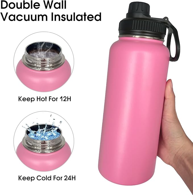 4pack 32 oz Insulated Water Bottle With Straw, Stainless Steel Sports Water Cup Flask with 2 Lids, Wide Mouth Travel Thermal Mug,Pink