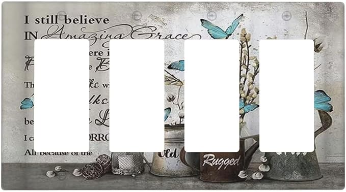 Blue Butterfly Rustic Flower Inspirational Quotes 4 Gang Rocker Decora Light Switch Cover Outlet Covers Wall Plate Decorative Switchplate Electrical Faceplate GFCI for Farmhouse Bedroom Decor