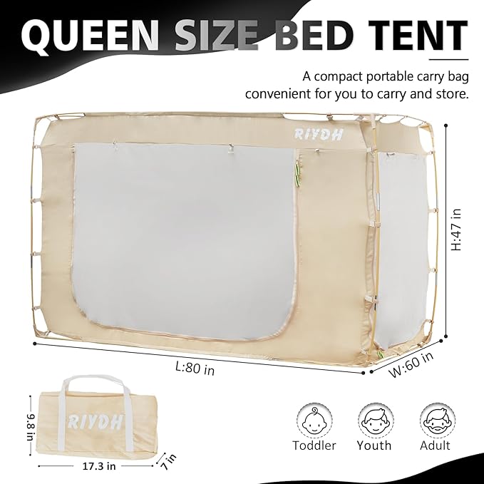 Bed Tent Bed Canopy Queen Size Tents for Adult and Kids- Portable Dream Tent Indoor Sleeping Tents 70% Blackout with 3 Doors Breathable Big Space Tents