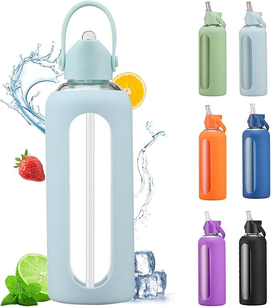 20 oz Glass Water Bottles with Straw Borosilicate Glass Water Bottle with Time Marker Motivational Water Bottles with Silicone Sleeve Leak Proof Reusable BPA Free