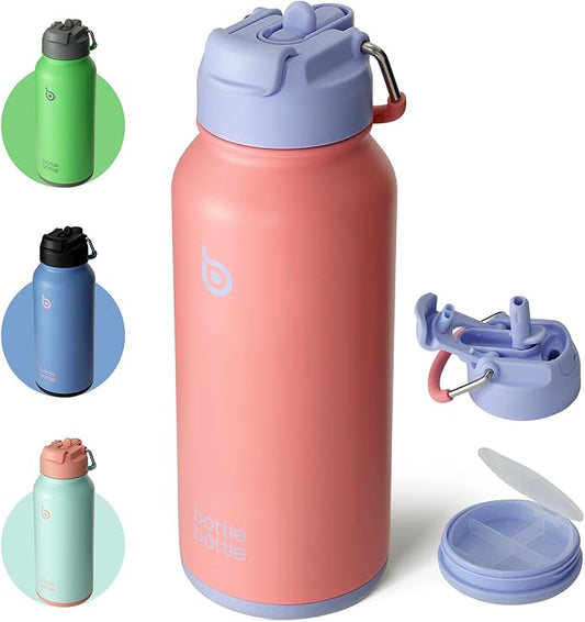 BOTTLE BOTTLE 32oz Insulated Water Bottle Stainless Steel Sport Water Bottle with Straw Dual-use Lid Design for Gym with Pill Box (lavender dream)