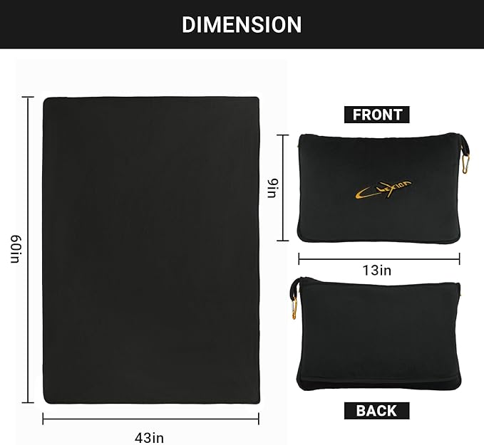 3 in 1 Travel Pillow and Blanket Set, Premium Soft 300 GSM Thick Airplane Blanket Compact with Bag for Long Trips Essentials, Hand Luggage Sleeve and Backpack Clip (Black)