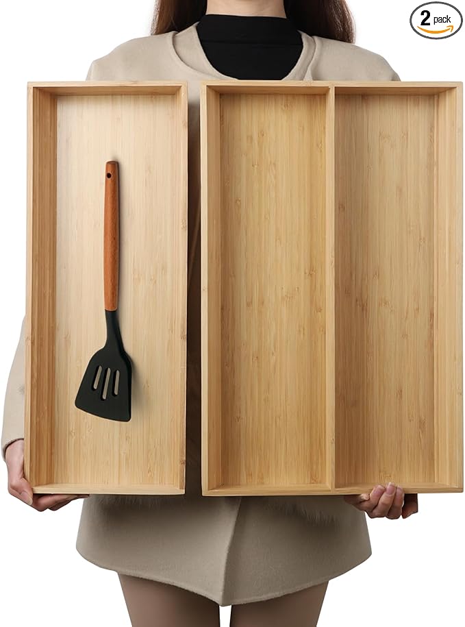 2-Piece V-Shaped Bamboo Drawer Organizer - Ideal for Kitchen's Large Long Tableware, Cooking Utensils, Flatware, Silverware - Wood Storage Box for Home, Bedroom, Bathroom (19.6"x12.4" & 19.6"x7.8")