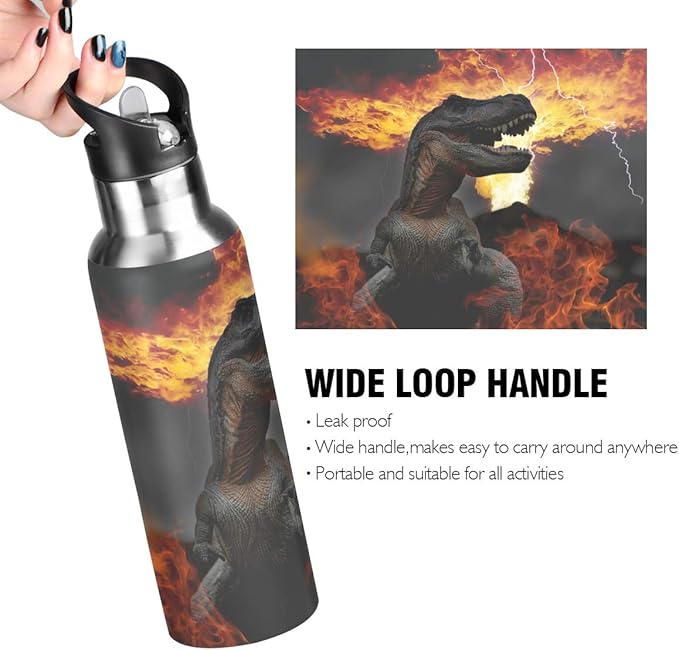 Blueangle Dinosaurs World Stainless Steel Water Bottle with Straw, BPA Free Reusable Leakproof Water Jug for Fitness Camping Outdoor Sports