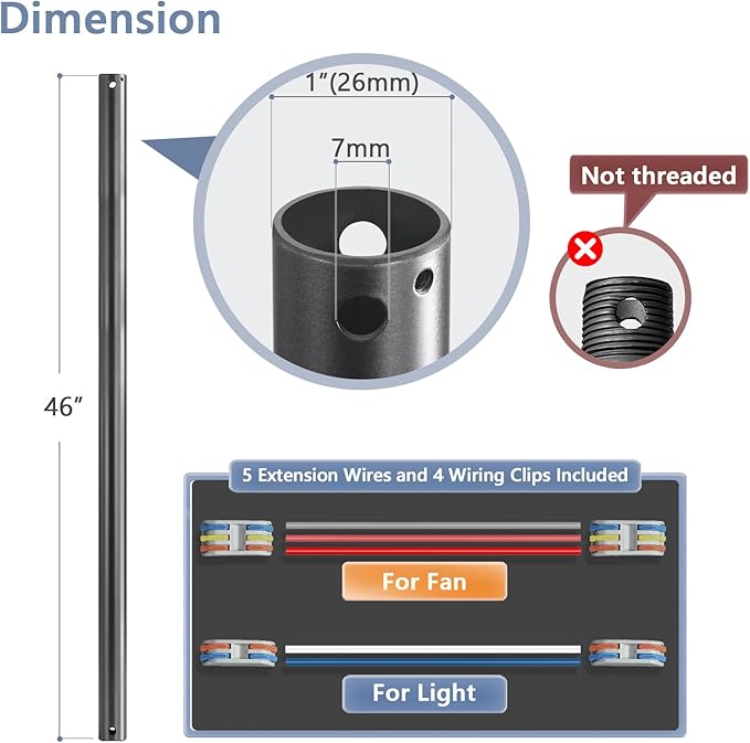 46" Ceiling Fan Downrod, 【1 Outside Diameter】 Black Extended Downrod, including 4 Wire Connectors and 5 Extension Wires (No Threads)