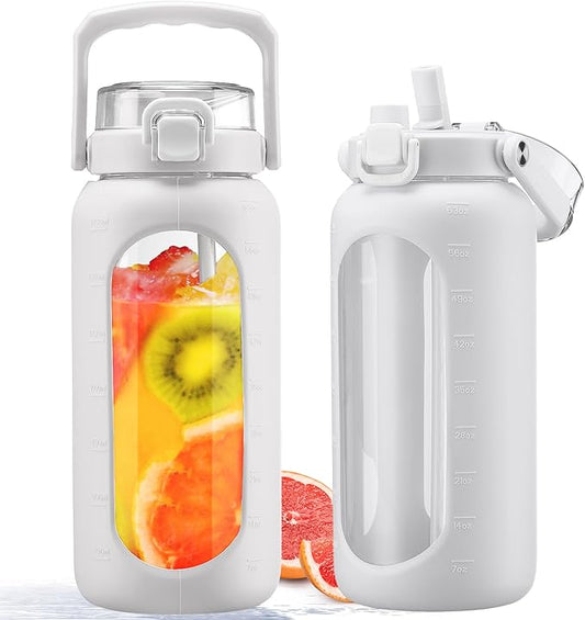 BLUEGO 64 oz Glass Water Bottle, Drinking Water Bottle with Handle and Straw, Half Gallon Motivational Water Bottle with Silicone Sleeve and Time Marker, Sports Water Bottle, BPA Free White