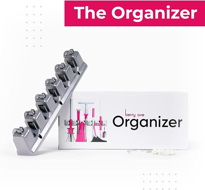 Berry Ave Broom Holder & Wall Mount Garden Tool Organizer- Kitchen, Closet, Garage & Laundry Room Storage With 5 Slots And 6 Hooks- Wall Holder For Broom, Rake & Mop Handles Up To 1.25” [Gray, 2 Pack]