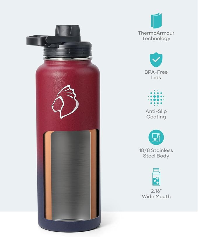 BUZIO Water Bottle with Straw lid, Spout Lid, Hand Lid and Carrying Pouch, 32oz 40oz 64oz Stainless Steel Water Flask Jug, Cold for 48 Hrs Hot for 24 Hrs Double Vacuum Thermo Canteen Mug, BPA-Free