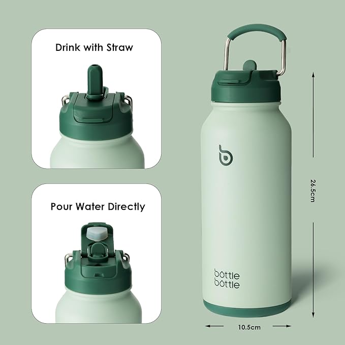 BOTTLE BOTTLE 32oz Insulated Water Bottle Stainless Steel Sport Water Bottle with Straw Dual-use Lid Design for Gym with Pill Box (green)