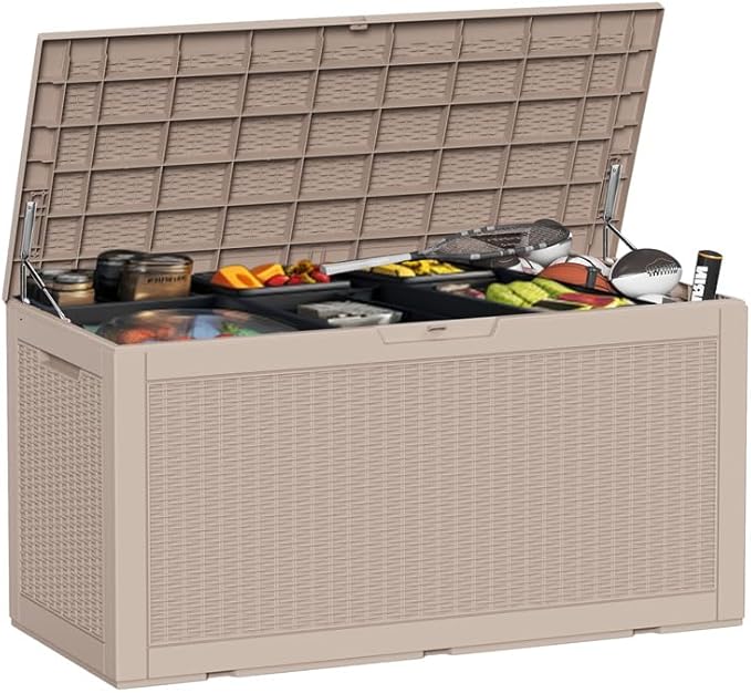 100 Gallon Deck Box Large Outdoor Storage for Patio Furniture,Outdoor Cushions,Garden Tools and Pool Supplies,Waterproof,Resin,Lockable(Grey)