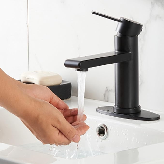 Black Bathroom Faucet Single Hole Bathroom Sink Faucet, Matte Black Single Handle Vanity Basin Faucet with Supply Deck Plate, Modern Farmhouse RV Faucet 1 or 3 Holes