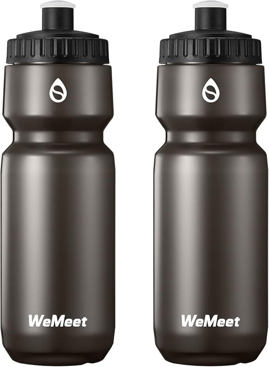 24oz Sport Squeeze Bottle, BPA Free, Leak Proof Mountain Bike Water Bottle with Capacity Scale, Fits Most Bike Cages, for Cycling, Gym, Camping, Hiking (Black, 2-Pack)