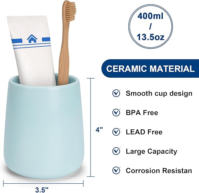 Bathroom Tumbler Cup Ceramic 2Pcs 13.5oz Reusable Toothbrush Cup 400ml,Toothbrush Holder Adequate for Your Bathroom (Cyan)