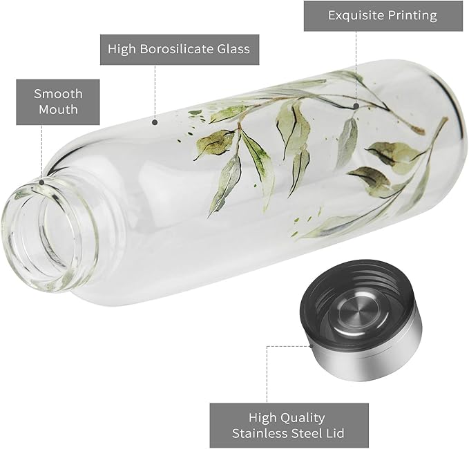 Borosilicate Glass Water Bottle, Sports Glass Drinking Bottle with Neoprene Sleeve and Stainless Steel Lid 16oz / 32oz