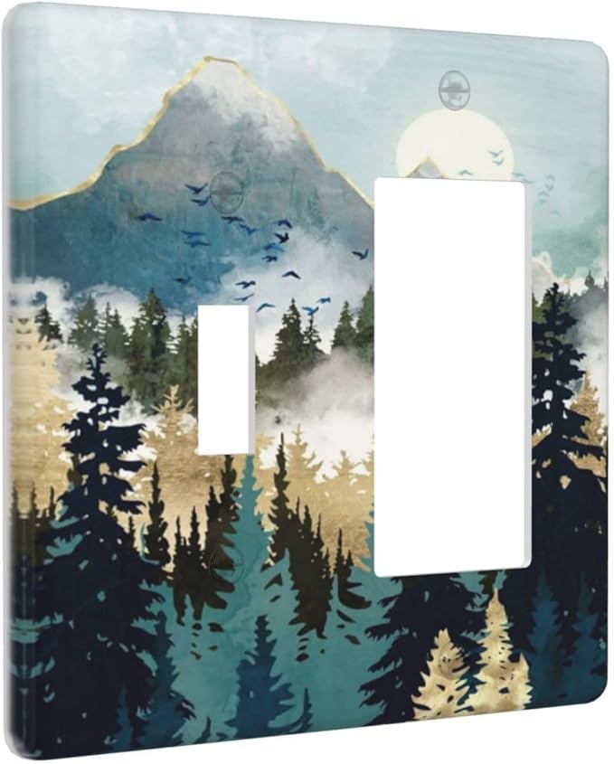 Boho Mountain Forest Abstract Sunset Sunrise Sun 2 Gang Single Toggle Rocker Combination Light Switch Covers Wall Plate Cover Electrical Faceplate Decorative Switchplate for Country Bedroom Decor