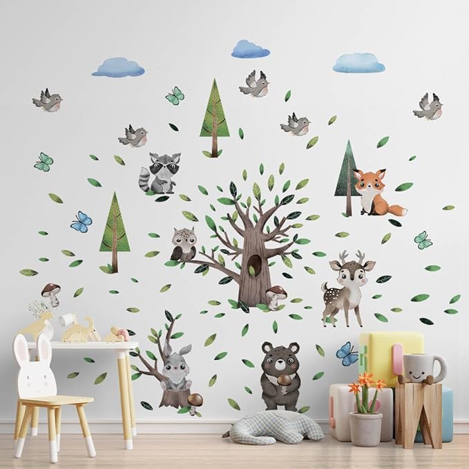 Animals Wall Decals for Kids by Lipastick – Cartoon Animal Wall Stickers – Forest Animal Wall Decals for Kids Boys Baby Girls – Kids Wall Decals Bear Fox Deer Hare Raccoon Owl S Size
