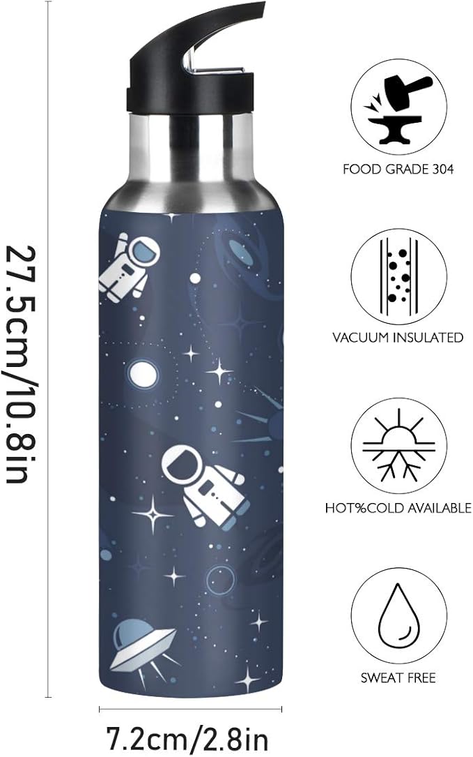 Blueangle 22 OZ Cartoon Astronaut Water Bottle with Straw - BPA Free Leakproof Stainless Steel Water Bottle for Women Men Water Jug for Fitness Gym Outdoor Sport