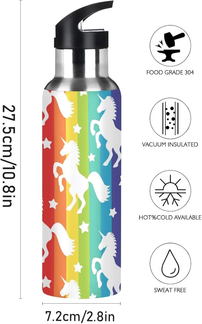Blueangle Rainbow Stripe Unicorn Star Stainless Steel Water Bottle with Straw, BPA Free Reusable Leakproof Water Jug for Fitness Camping Outdoor Sports