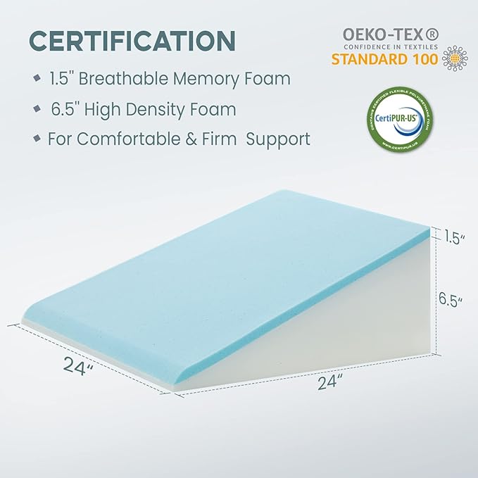 Bed Wedge Pillow, 8" 24" 24" Triangle Pillow Wedge, Cooling Memory Foam Top, Elevated Support Wedge Pillow for Relieving Acid Reflux, Heartburn, Snoring and GERD