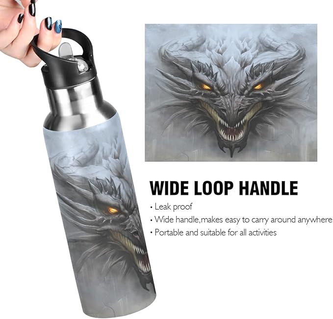 Blueangle 32 OZ Scary Dragon Water Bottle with Straw, Sports Water Bottle BPA Free Stainless Steel Water Jugs for Gym, Kitchen, Working, Outdoor（972）