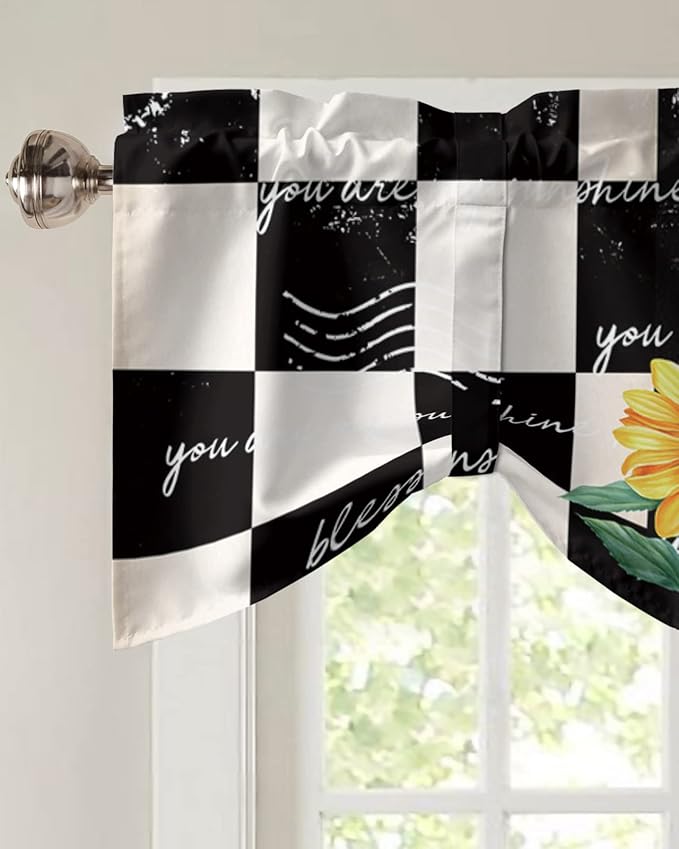 Buffalo Plaid Blackout Tie Up Valance Curtains for Kitchen Windows Farmhouse Sunflower Window Toppers Balloon Shades for Living Room/Bathroom/Bedroom,1 Panel,42" X 12" Autumal Wild Flower