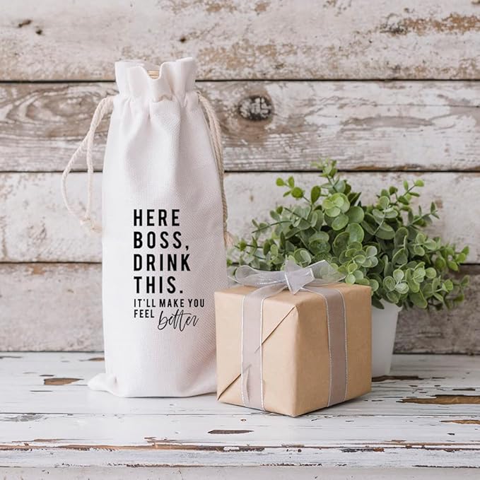 Andaz Press Retirement Wine Bag, Here Boss, Drink This Wine Bottle Cover, Funny Retirement Gifts Canvas Wine Bag Champagne Bottle Bag Wine Bottle Gifts, Retirement Gifts For Men, Women, Boss, 1-Pack