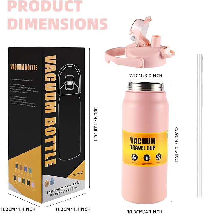 50oz/1.5L Insulated Sports Water Bottle, Stainless Steel Double Wall Water Jug with Handle, 2-in-1 Chug Spout and Straw Lid with Lock Cover for School, Outdoor, Sports & Travel, Pink