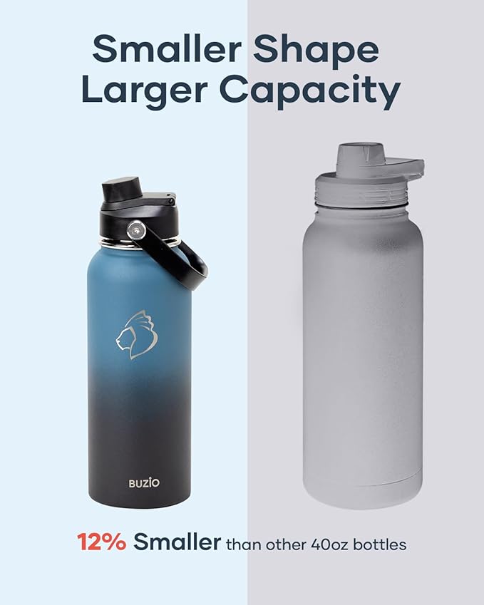 BUZIO 40 oz Insulated Water Bottle, Keep Cold 48h Stainless Steel Water jug with Straw Lid and Carrying Pouch, Lead-Free Leak Proof Double Wall Vacuum Metal Canteen for Sports Gym Beach, Indigo Crush