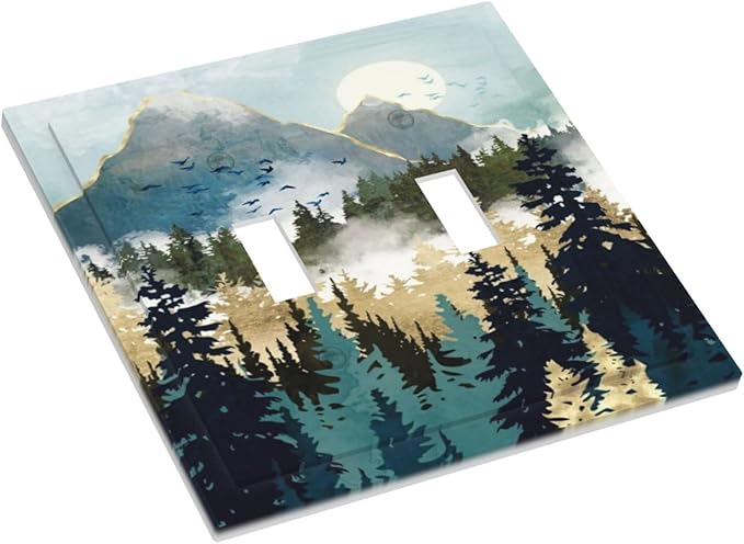 Boho Mountain Forest Abstract Sunset Sunrise Sun Double Toggle Light Switch Covers 2 Gang Wall Plate Dual Decorative Switchplate Electrical Faceplate for Country Bathroom Bedroom Decor