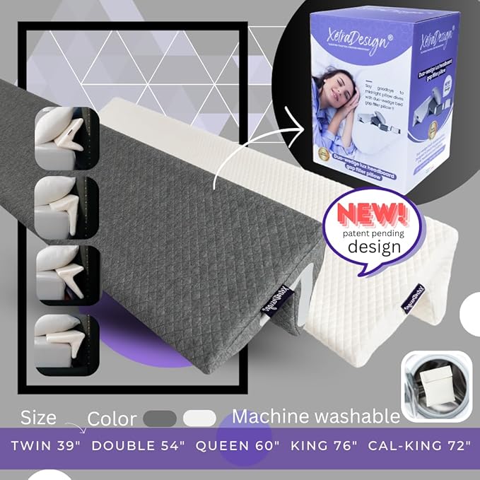 Bed Wedge Pillow for headboard Mattress Gap DuoWedge lux. The Perfect Filler for Gaps up to 7" (Grey, Cal-King 72")