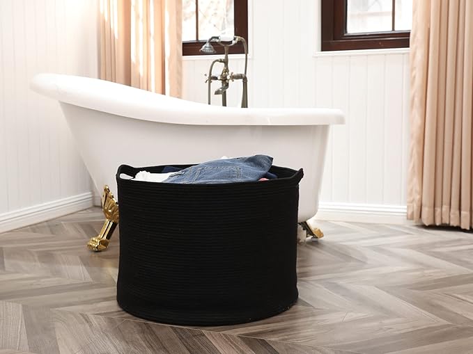 24" x 24" x 17" Max Size Large Cotton Rope Basket, Extra Large Storage Basket, Woven Laundry Hamper, Cloth Storage Bin, for Blankets Clothes Towels Pillows in Living Room, All Black