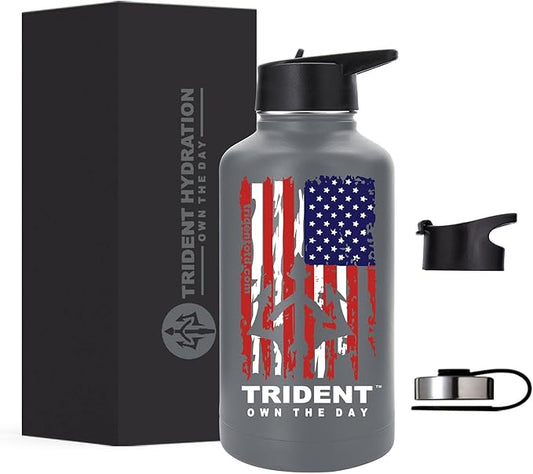 American Flag 64 oz Water Bottle, Reusable Water Bottle with Straw, Leak Proof Water Bottles, 64oz Insulated Water Bottle, Thermos Water Bottle - Retired Navy Combat Vet Small Business (Gray, 64 Oz)