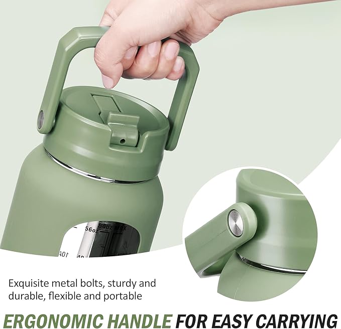 64 oz Glass Water Bottle with Straw and 2 Lids, Half Gallon Water Bottle with Sleeve, Large Insulated 2 Liter Glass Water Jug Time Marker with Handle - Olive