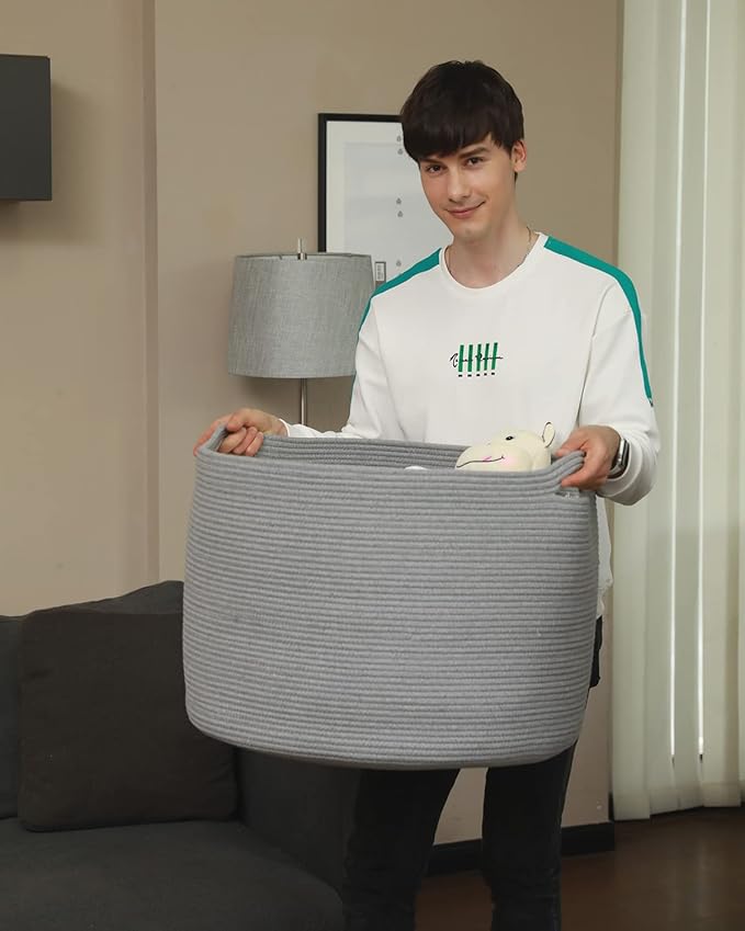 24" x 24" x 17" Max Size Large Cotton Rope Basket, Extra Large Storage Basket, Woven Laundry Hamper, Cloth Storage Bin, for Blankets Clothes Towels Pillows in Living Room, Full Grey