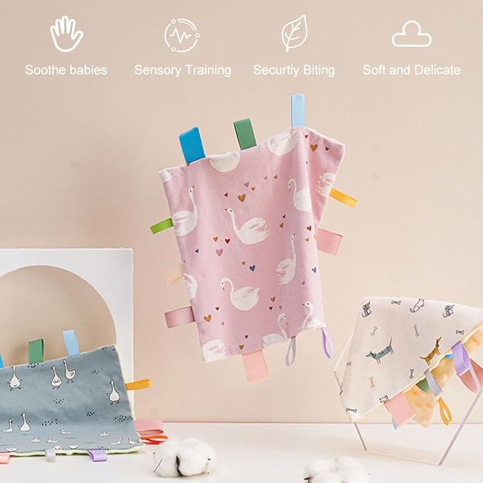 Baby Tags Security Blanket, Sensory Soothing Blanket with Tags,Dotted Backing Taggies Blanket for 3-12 Months Boys and Girls. (Sheep)