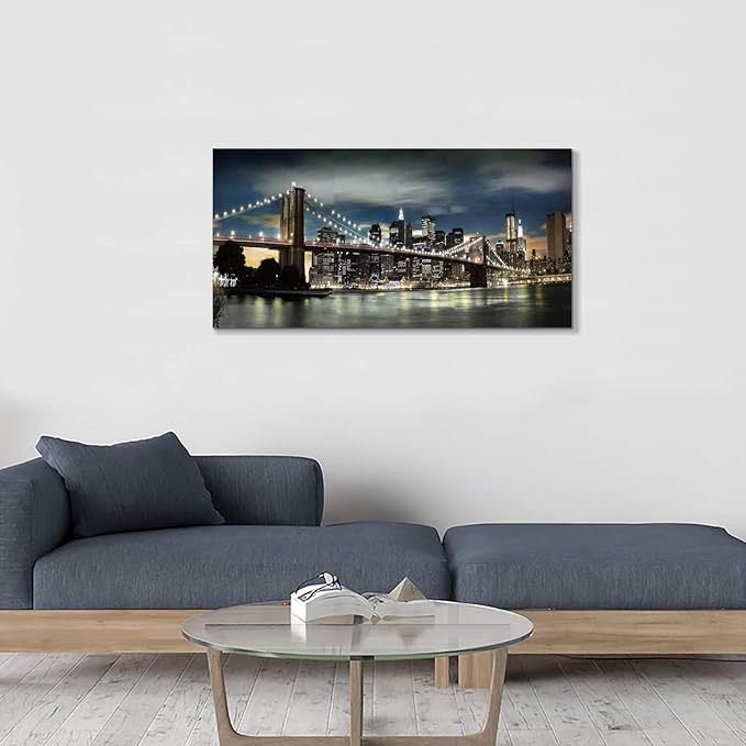 Brooklyn Bridge Canvas Wall Art: Skylines Reflections in New York Artwork for Office Living Rooms(40”x20”)
