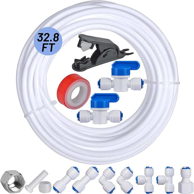 32.8ft Refrigerator Water Line Kit Connection, Compression Ice Maker Installation Kit, 1/4" OD Water Line Kit with Quick Connect Fittings for Fridge Icemaker Reverse Osmosis RO System Water Filter