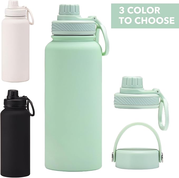 Black 32 OZ Insulated Water Bottle, Large Metal Stainless Steel Water Flask, Big Sports Travel Water Bottle with 2 Lids, Insulated Thermos Thermal Mug Cup