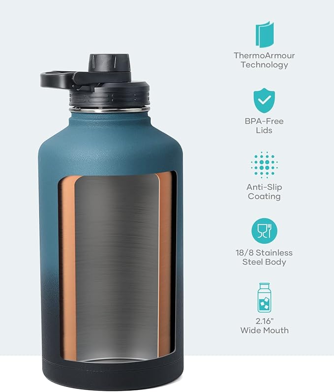 BUZIO Water Bottle with Straw lid, Spout Lid, Hand Lid and Carrying Pouch, 32oz 40oz 64oz Stainless Steel Water Flask Jug, Cold for 48 Hrs Hot for 24 Hrs Double Vacuum Thermo Canteen Mug, BPA-Free