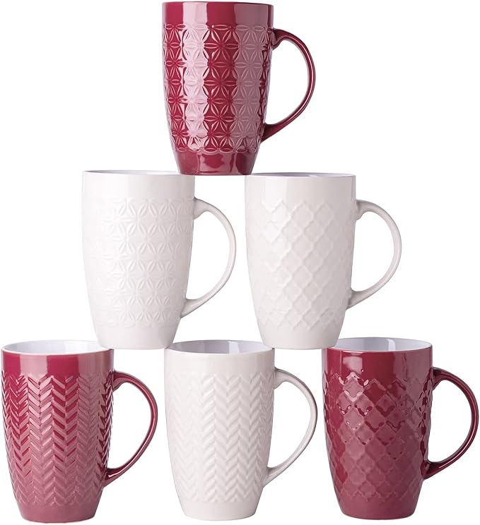 AmorArc Large Coffee Mugs Set of 6, 20oz Ceramic Tall Coffee Mugs Set with Textured Geometric Patterns for Coffee/Tea/Beer/Hot Cocoa, Dishwasher & Microwave Safe, Beige&Burgundy