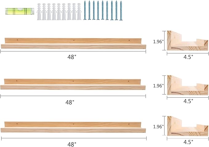 AZSKY 48 Inch Large Wood Floating Shelves for Wall Set of 3, Rustic Natural Picture Ledge Shelf Decor for Bedroom Kitchen Bathroom Living Room Nursery Display, 3 Same Sizes