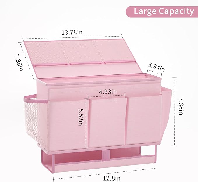 Bedside Caddy, Bed Organizer with 11 Pockets and Power Strip Holder, Versatile Bedside Storage Caddy for Home,Dorm,Bunk,Hospital,Crib Bed (2 Pack Pink)
