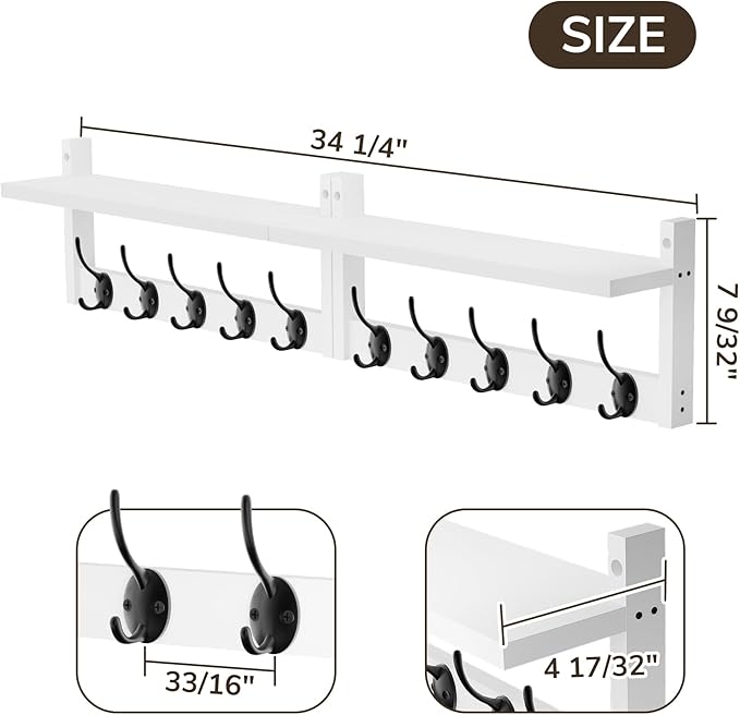 AMBIRD 34.2" L Wooden Wall Coat Hooks with Shelf - Versatile and Decorative Wall-Mounted Storage - 10 Hooks for Hanging Coats, Hats, Keys, Bags, Scarves - Ideal for Entryways, Bedrooms, Closets(White)